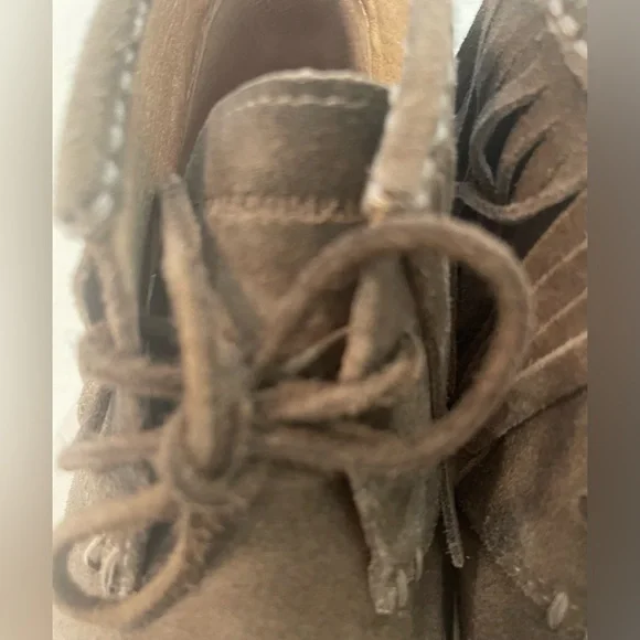 Frye Grayish Taupe Suede Fringe High-Top Boots - Picture 9 of 15